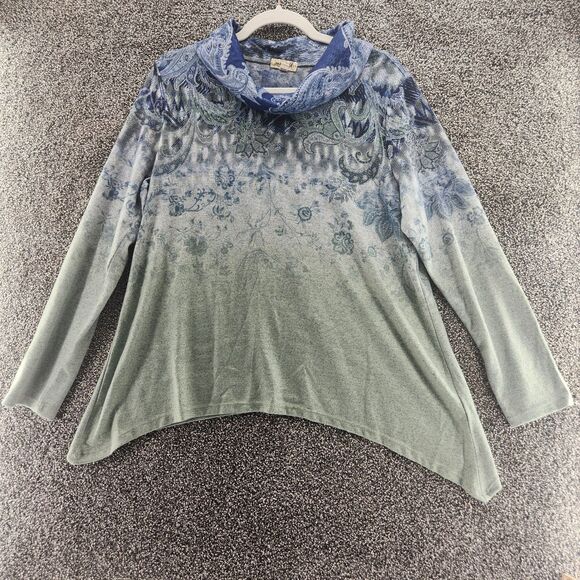 One World Large Petite LP blue scoop neck long sleeve blouse - Picture 1 of 9